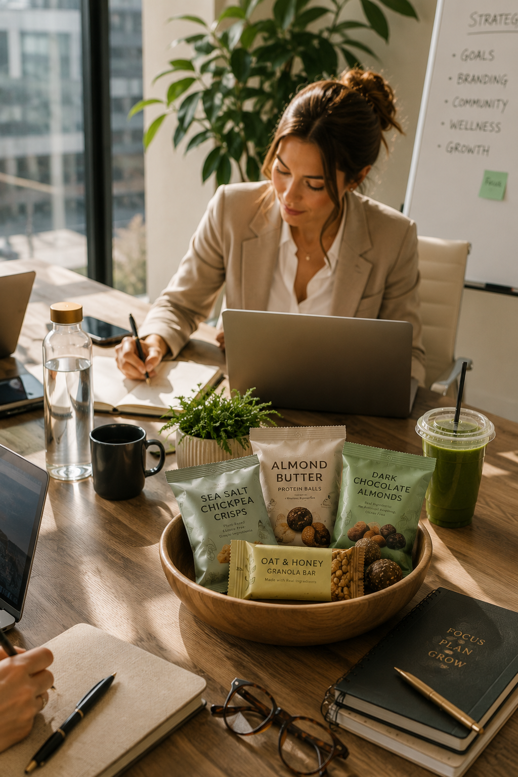 A woman sitting at a conference table with a laptop, notepad, and pen, working in an office with large windows. The table has a wooden bowl filled with healthy snacks including almond butter protein balls, sea salt chickpea crisps, dark chocolate almonds, and oat & honey granola bars. There is a green smoothie, a water bottle, a cup, and some glasses on the table. A whiteboard with goals and strategies is visible in the background.