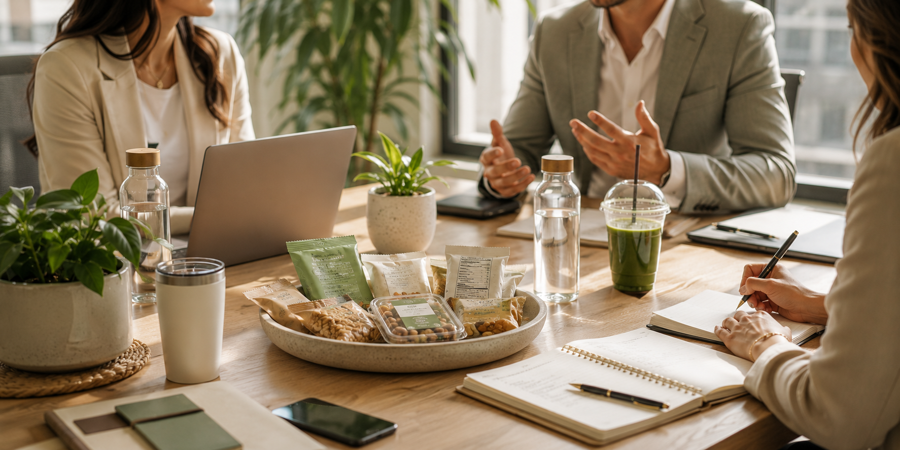 Business meeting with three people at a wooden table, surrounded by plants, snacks, notebooks, and drinks, in a bright office with large windows.