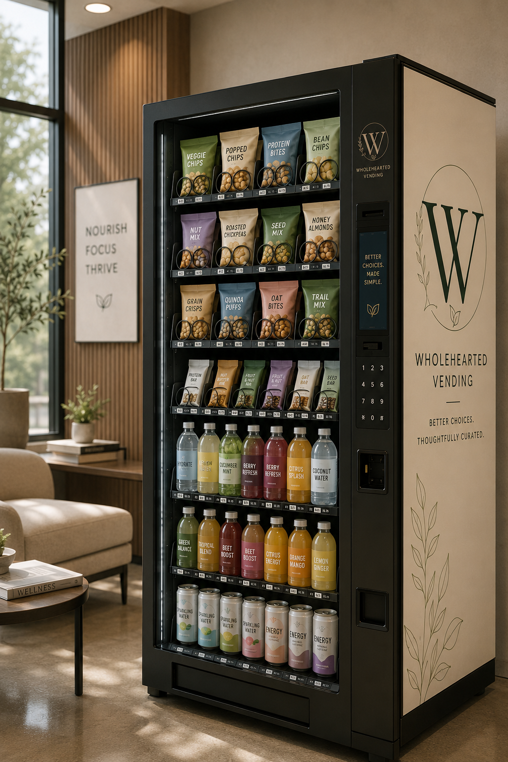 A vending machine with healthy snack bags and bottled drinks inside.