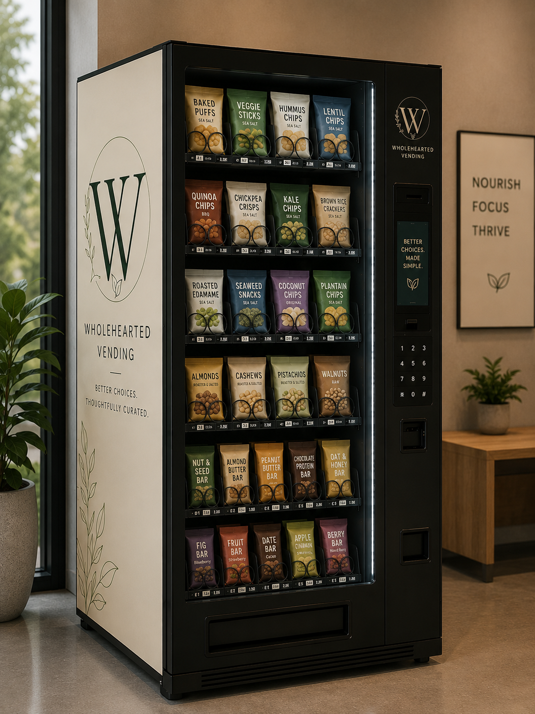A vending machine filled with various snack packages, including chips, nuts, bars, and dried fruit, in a modern setting with a plant and a wall in the background.