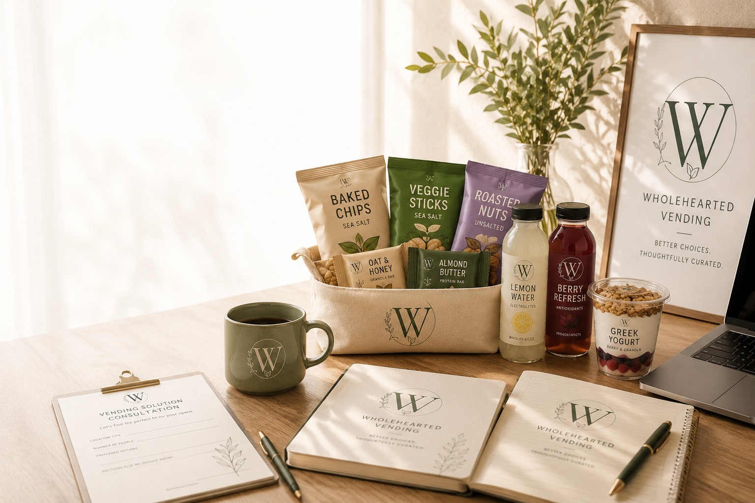 A desk organized with Wholehearted Vending products including snacks, beverages, notebooks, and a mug, with a framed sign in the background.