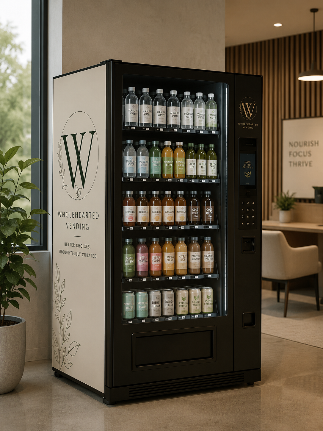 Vending machine with various bottled beverages in a modern indoor setting.