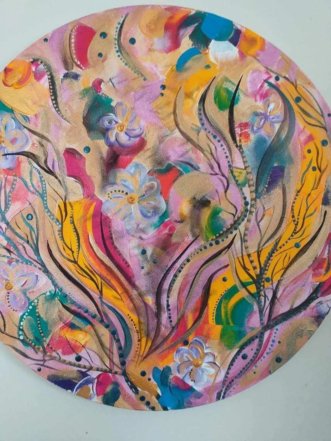 Colorful abstract floral painting with swirling lines, dotted patterns, and floral motifs in pastel and vibrant shades.
