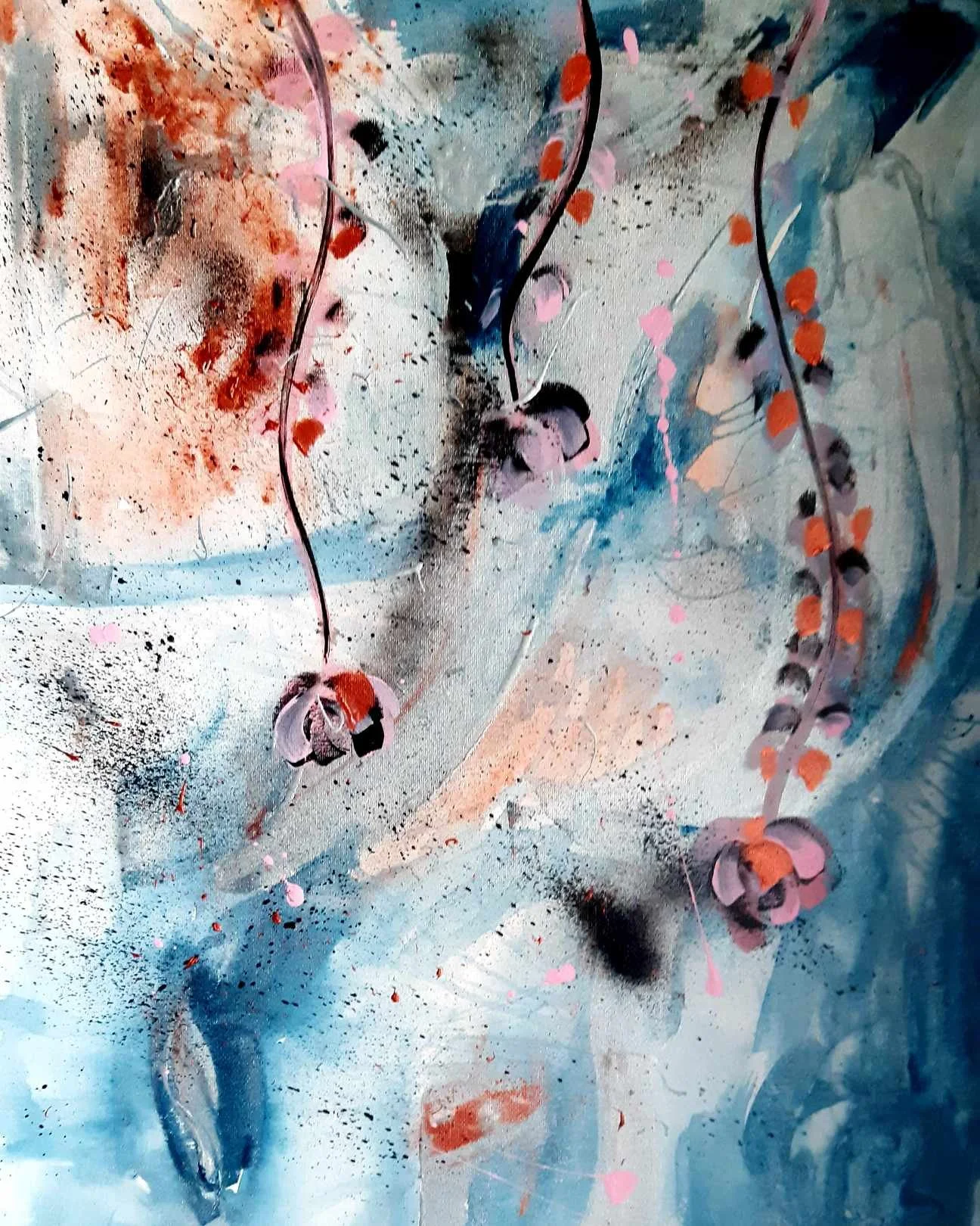 Abstract watercolor painting featuring splashes of pink, orange, blue, black, and gray, with curved lines and textured areas.