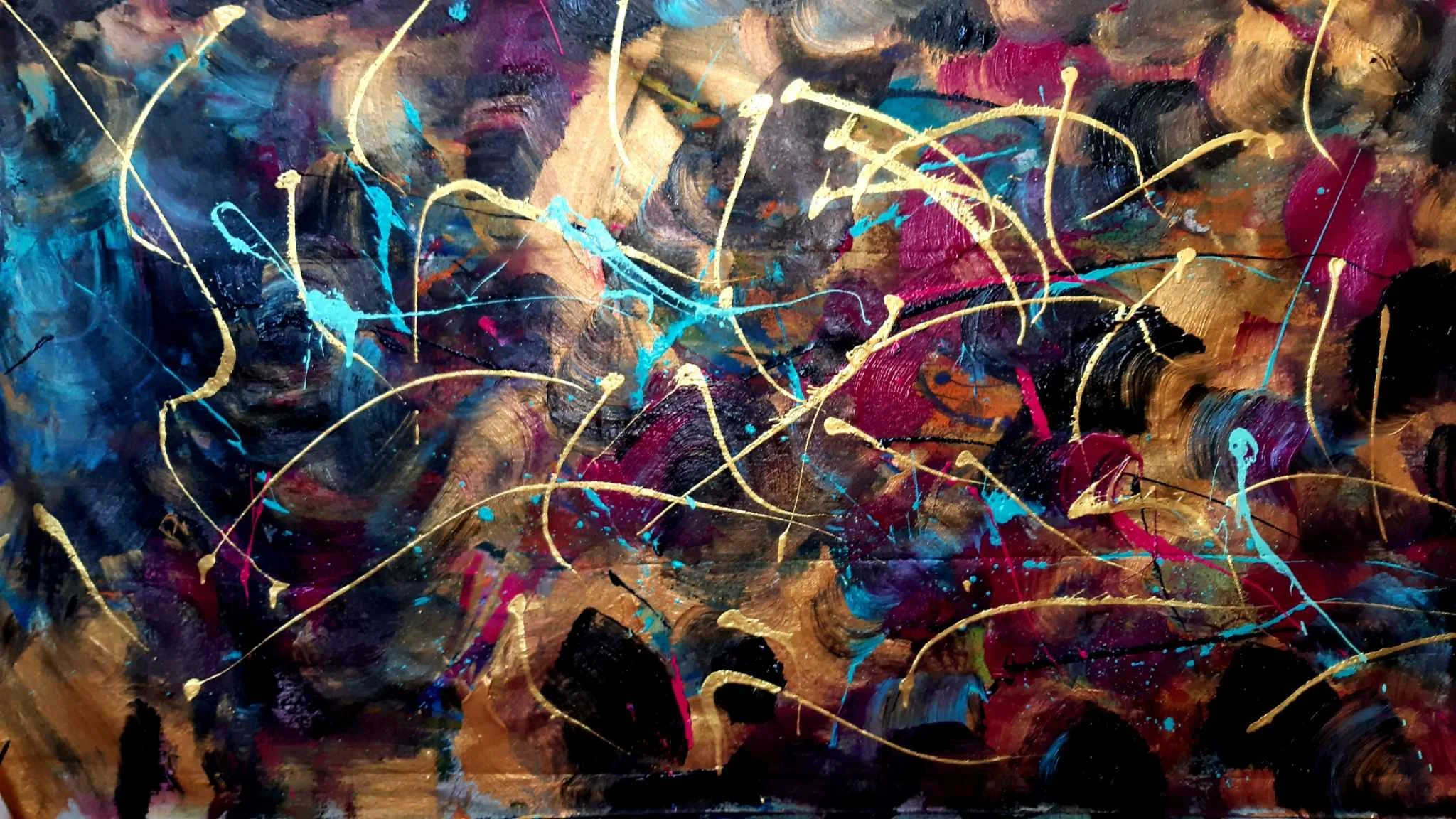 An abstract painting with vibrant colors including gold, black, blue, red, and purple, featuring energetic splashes and streaks of paint creating a dynamic and textured composition.