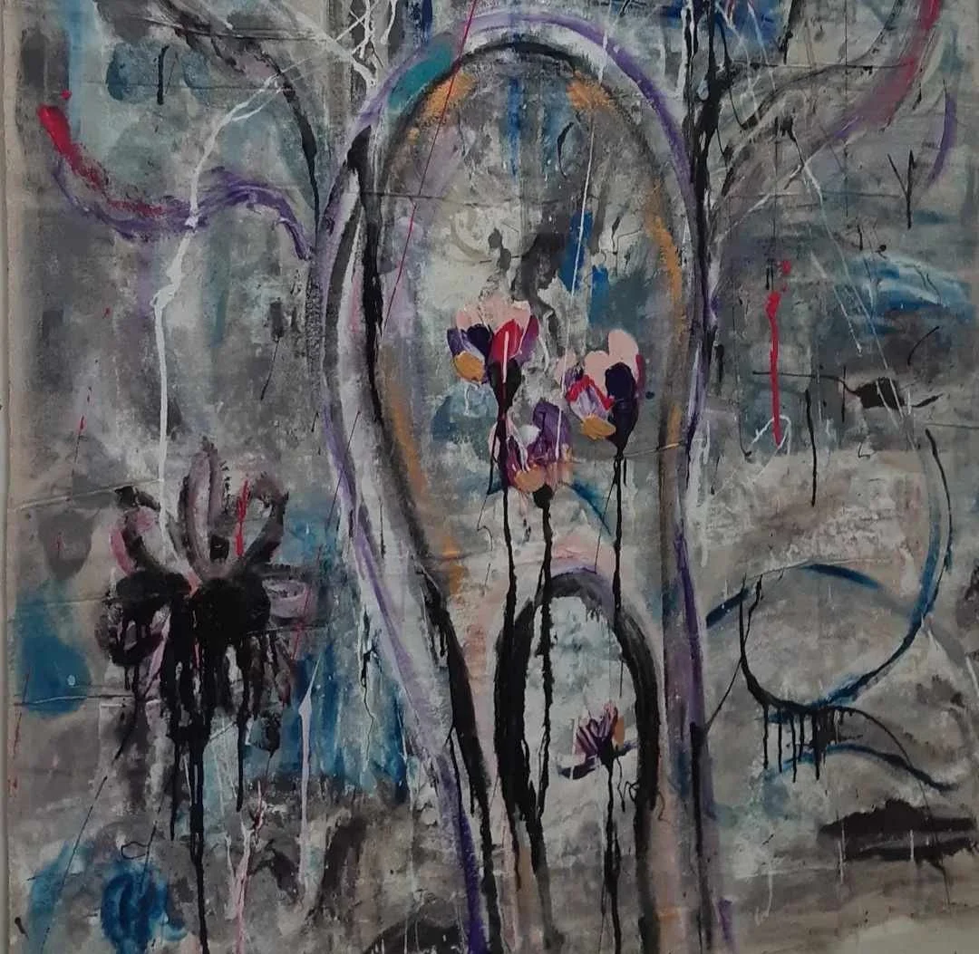 Abstract painting of a hook with flowers and black ink drips, against a textured gray background with splashes of blue, red, purple, and black.