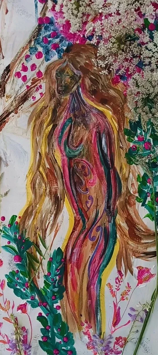 Colorful abstract painting of a woman with long hair surrounded by pink, purple, and green floral elements.