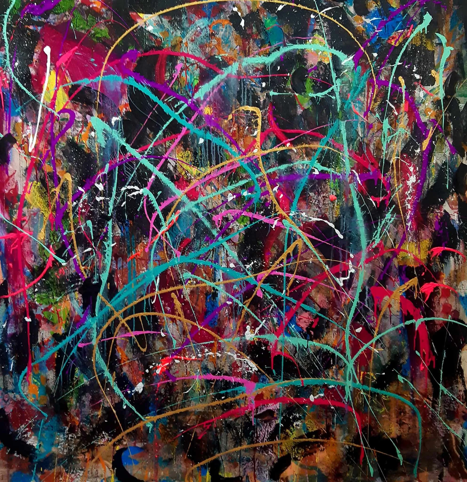 An abstract painting with multicolored paint splatters, drips, and bold brushstrokes on a dark background, featuring bright colors like pink, blue, green, yellow, red, white, and orange.