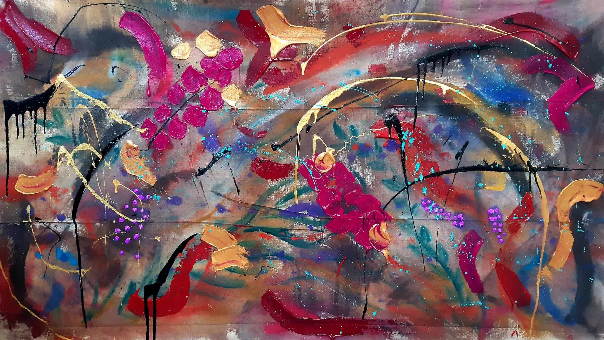 Abstract painting with vibrant colors including pink, gold, black, red, blue, and purple, featuring splashes, streaks, and drips.