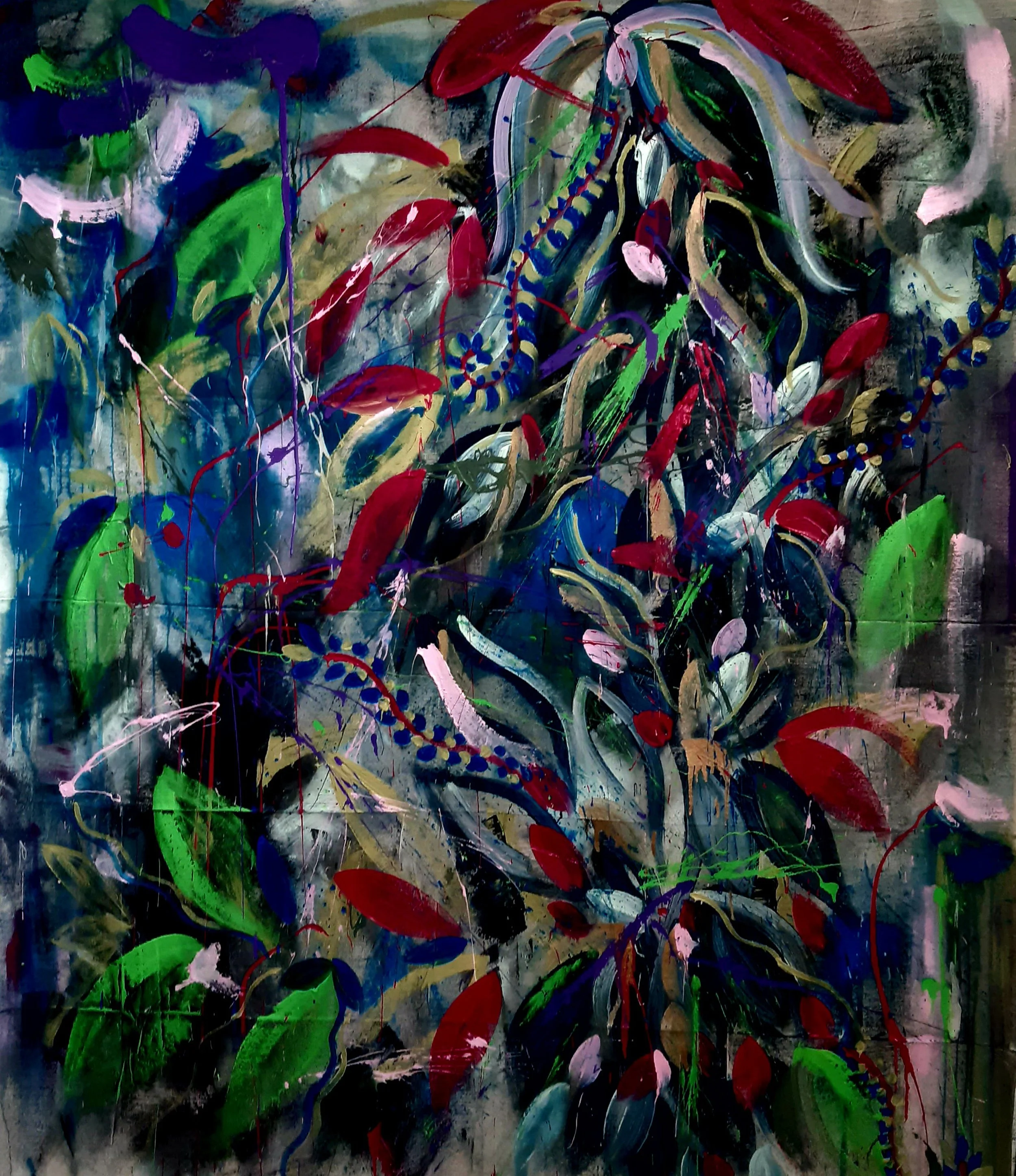 An abstract painting with energetic brushstrokes and splashes in vibrant colors including red, green, blue, black, purple, pink, and gold on a dark background.