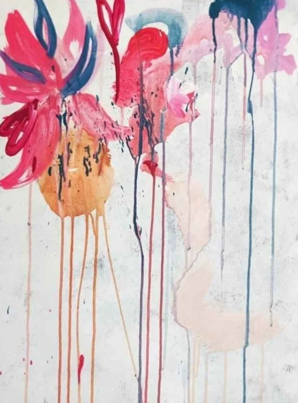 Abstract watercolor painting of a deer with pink and blue accents and floating flower petals, with paint drips downward.