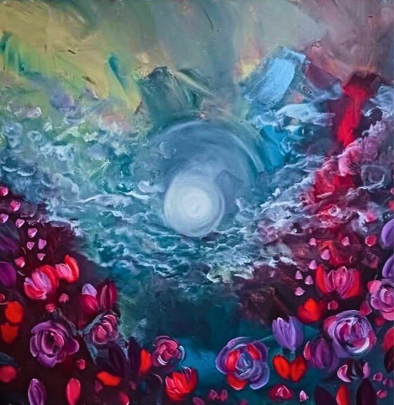 An abstract painting of a swirling sky with a bright, circular moon at the center. The lower part of the image features vibrant pink, purple, and red roses with leaves, creating a contrast to the swirling sky above.