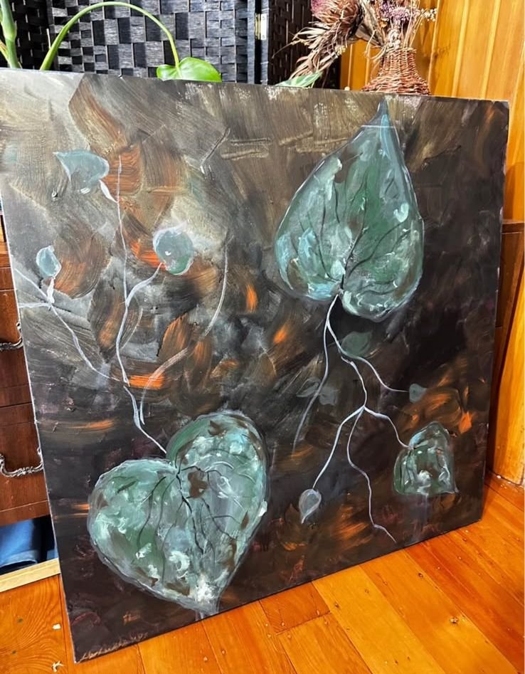 An abstract painting of balloons and leaves with a dark background and soft, swirling brushstrokes.