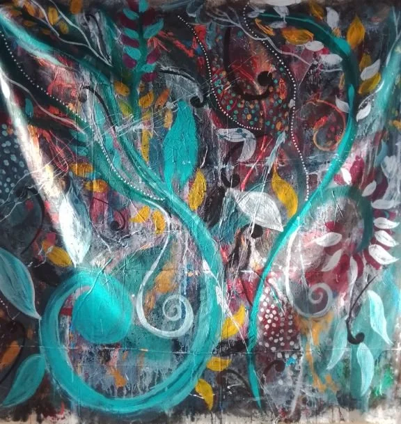 Abstract painting featuring swirls, leaves, and vibrant colors including turquoise, yellow, white, and red on a dark background.