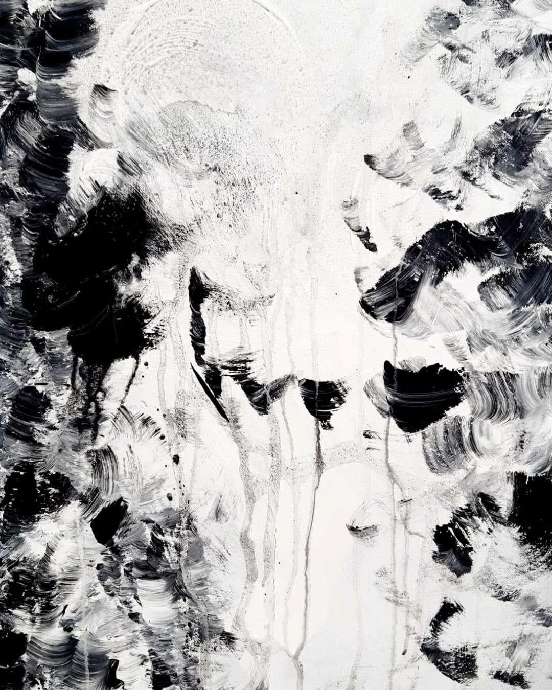 Abstract black and white painting with bold, sweeping brushstrokes and drips.