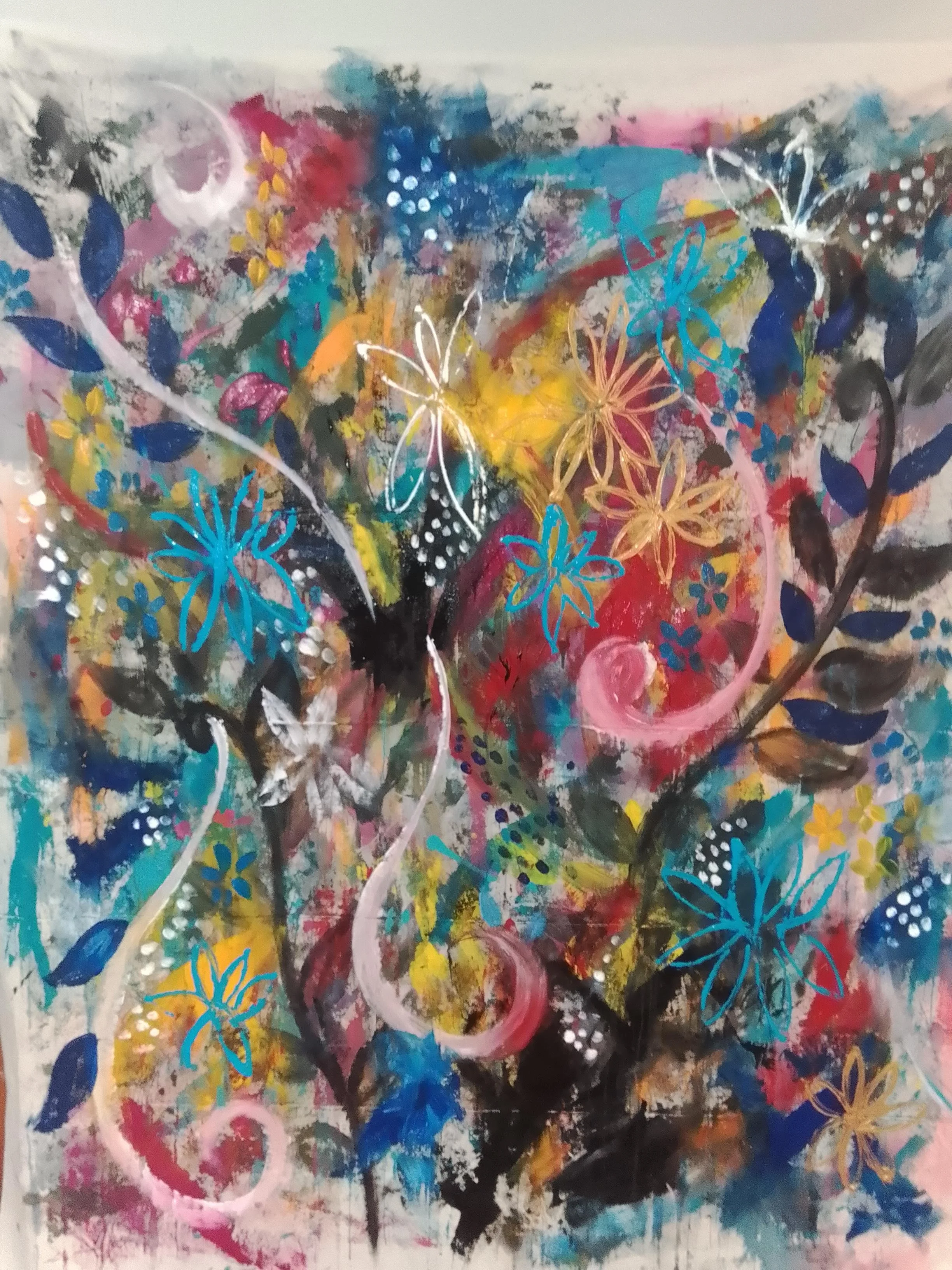 Abstract painting with vibrant colors, featuring flowers and circular patterns, with a mix of pink, blue, yellow, black, white, and green hues.