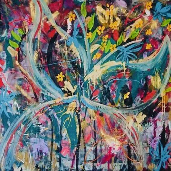 Abstract colorful painting with various brushstrokes, yellow and pink flowers, and swirling blue and white lines.