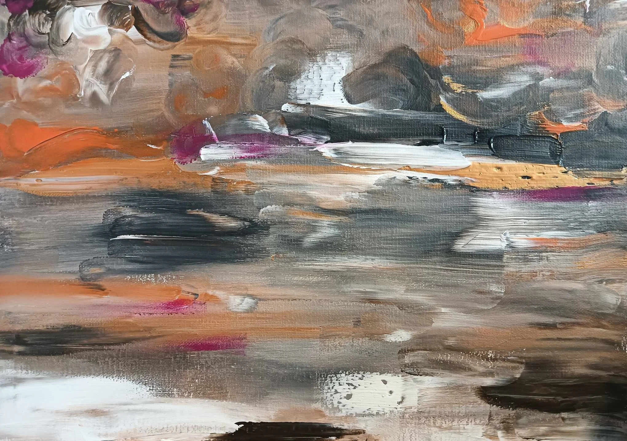An abstract painting with broad, sweeping brushstrokes in shades of black, gray, white, orange, pink, and beige.