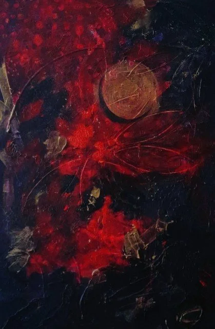 Abstract painting with red, black, and hints of brown and gold colors.