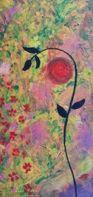 Abstract painting of a red rose on a curved stem with green leaves, surrounded by colorful, impressionistic floral and foliage background.