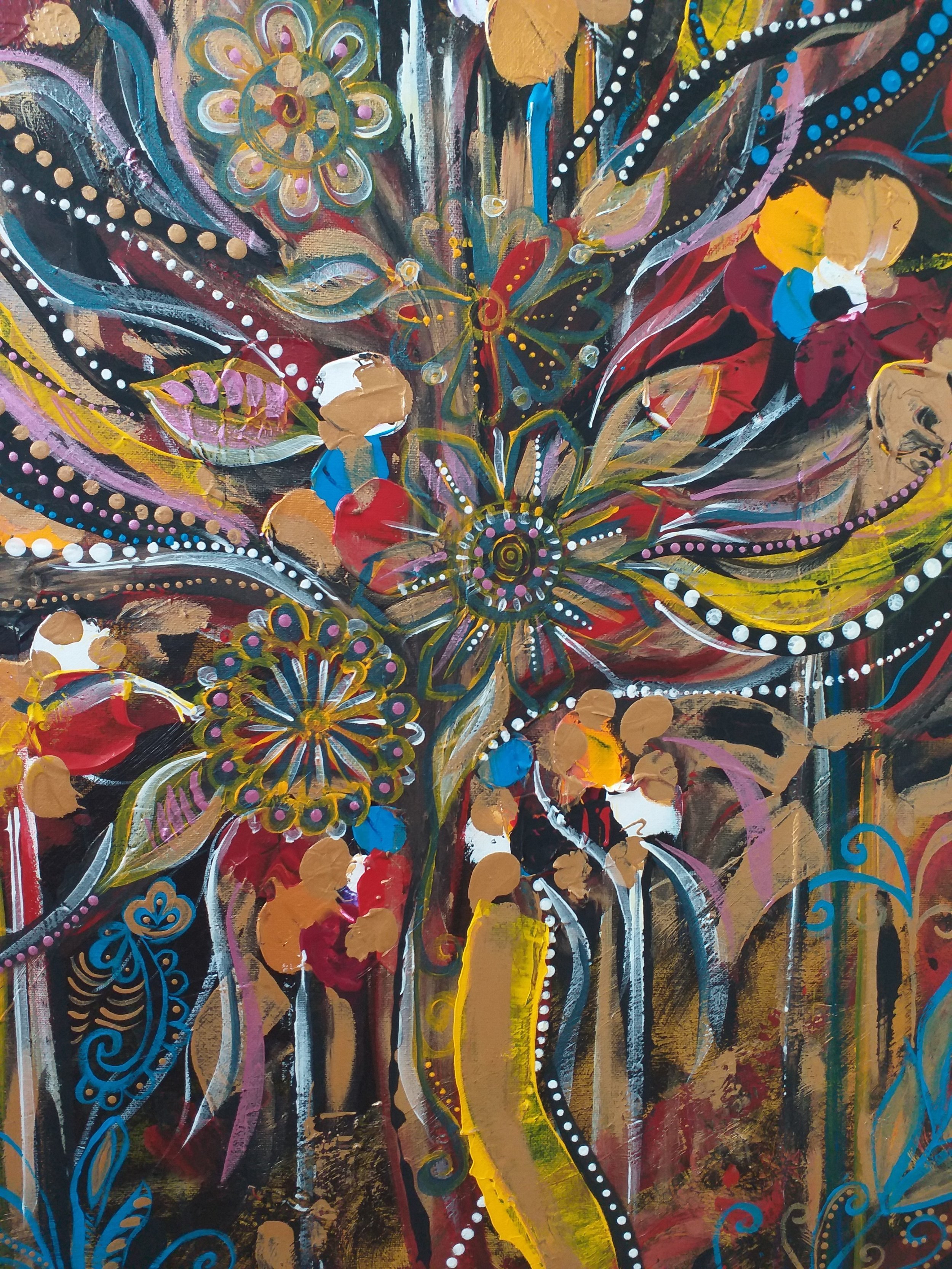 An abstract painting with vibrant colors, featuring floral patterns, swirls, and dotted lines in yellow, red, blue, pink, black, and gold on a dark background.