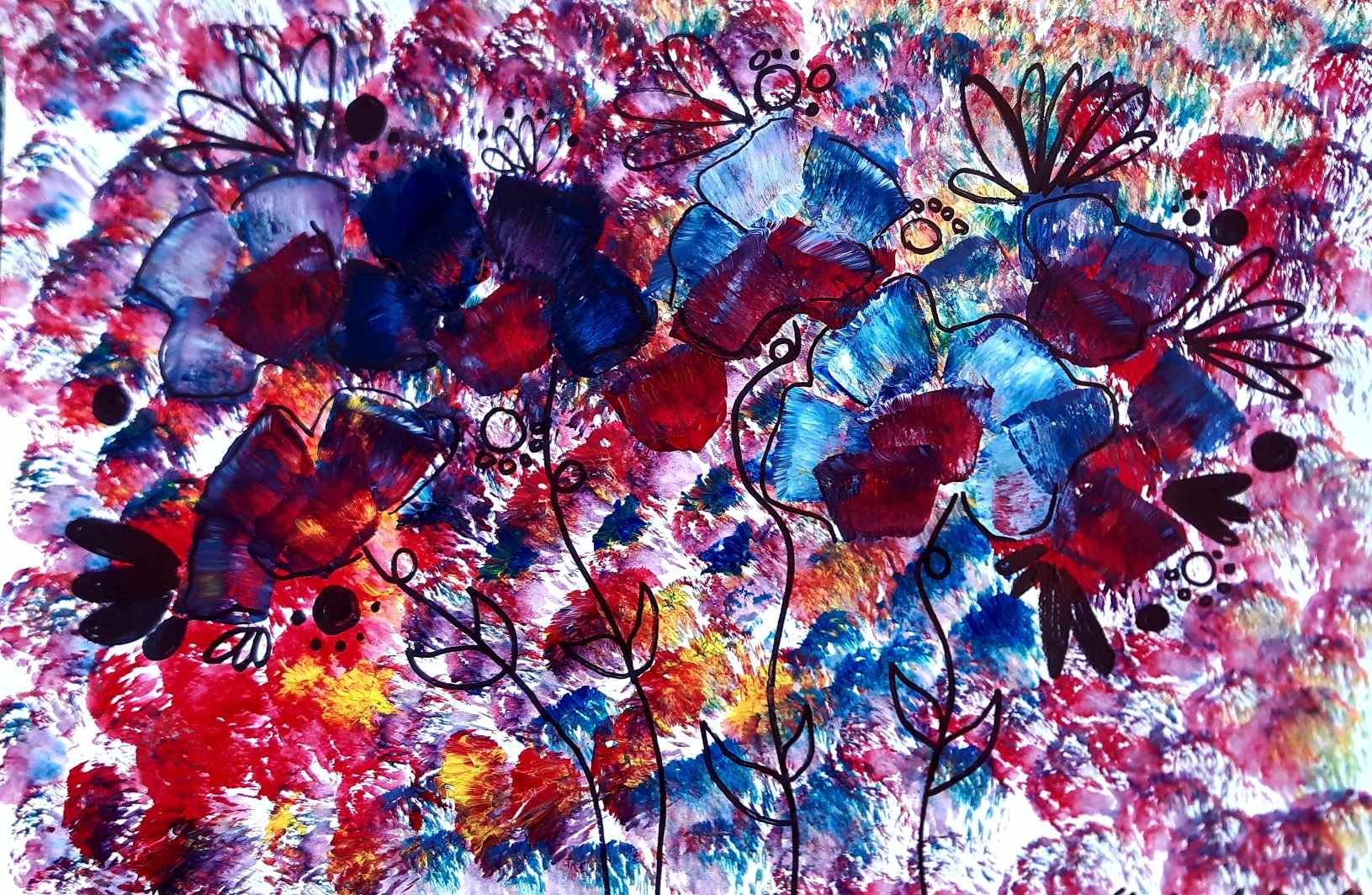 Abstract colorful artwork with red, blue, yellow, and purple paint splashes, black floral line drawings, and black dots.