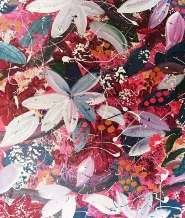 Abstract artwork featuring large white and purple floral shapes, small multicolored dots, and splashes of pink, red, and green hues.