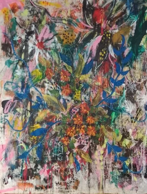 Abstract colorful painting with various splashes, leaves, and floral elements in vibrant shades of pink, blue, yellow, green, orange, and black.