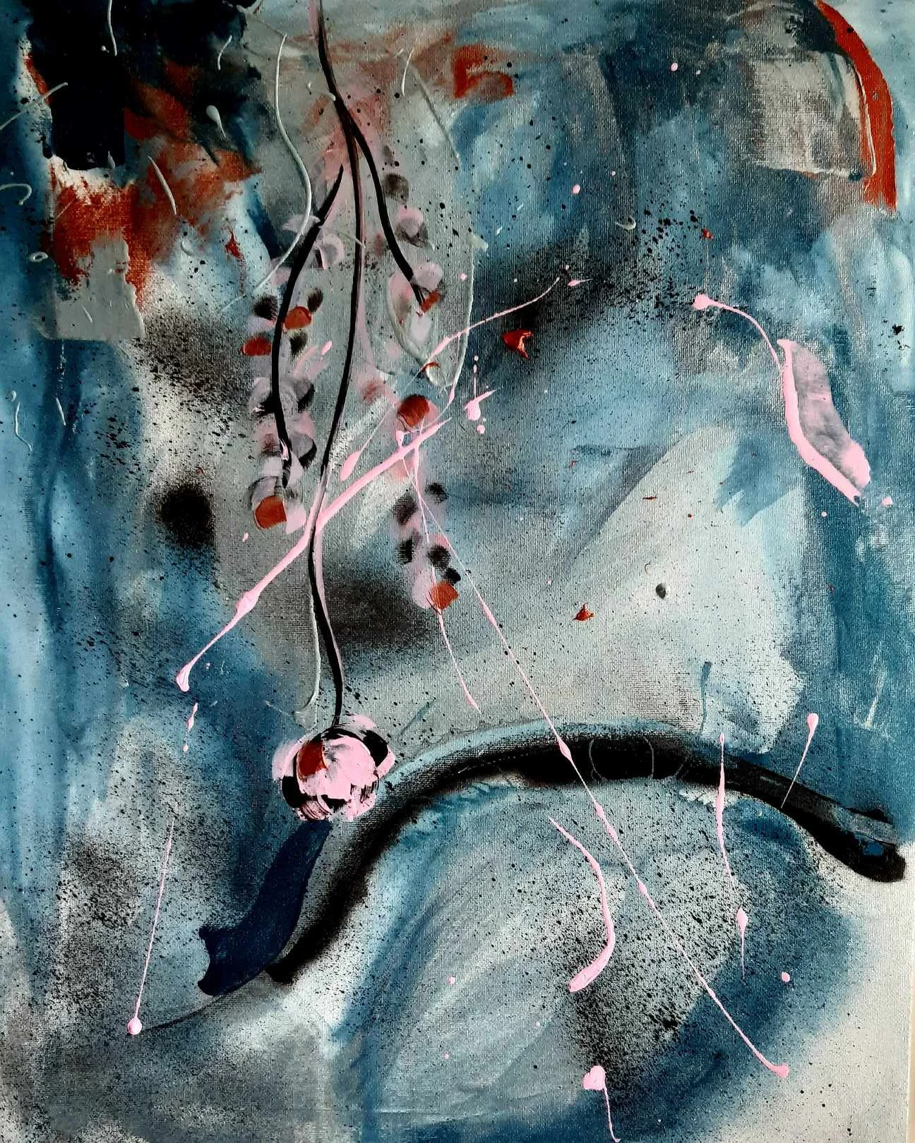 Abstract painting with swirling black, pink, red, and white splatters on a blue and gray background.