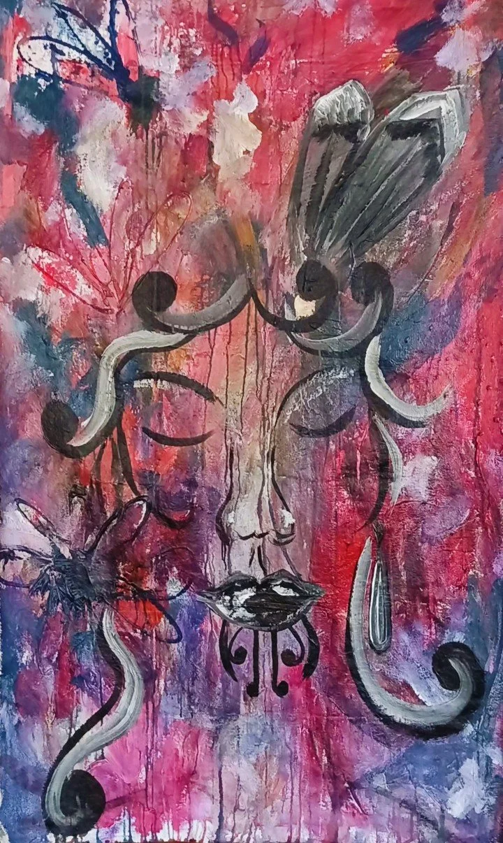 Abstract painting of a woman's face with closed eyes, stylized hair, lips, and tear, surrounded by vibrant pink, purple, and blue background with black and white accents.