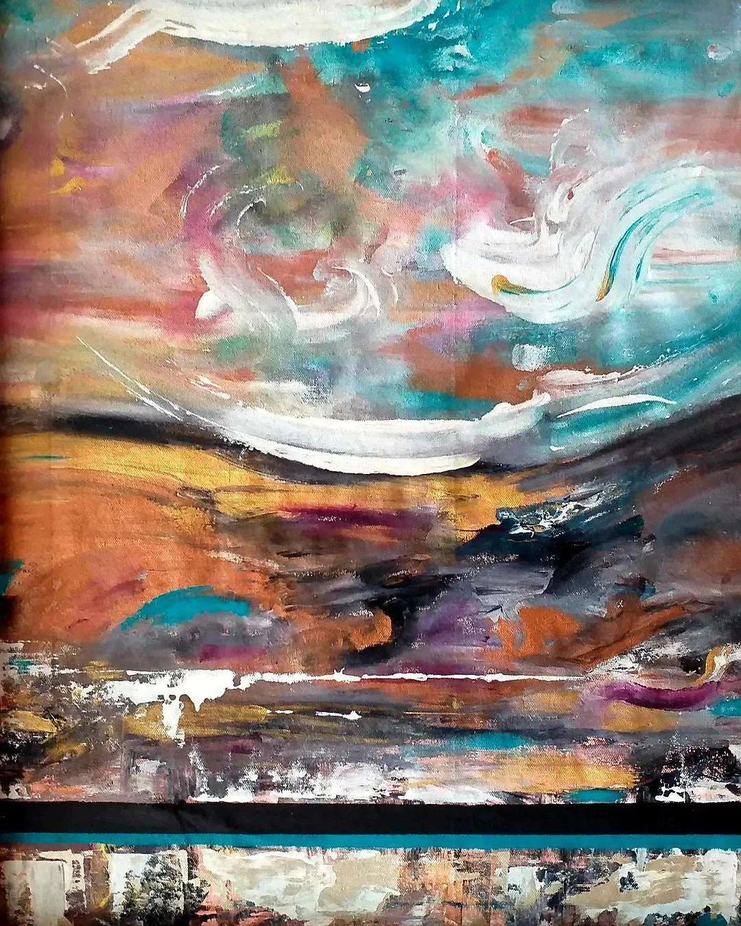 Abstract painting with swirling clouds and landscape, featuring a mix of pastel colors and bold brushstrokes.