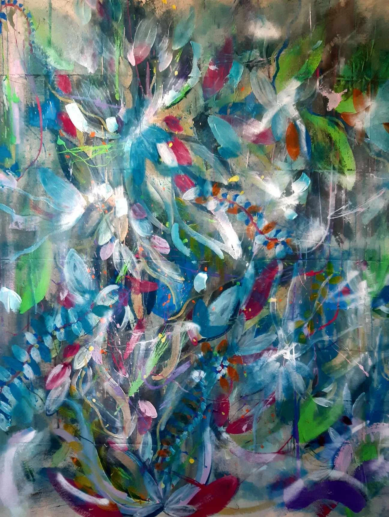 Abstract colorful painting with blue, green, red, white, and purple brushstrokes and splatters creating a lively and dynamic composition.