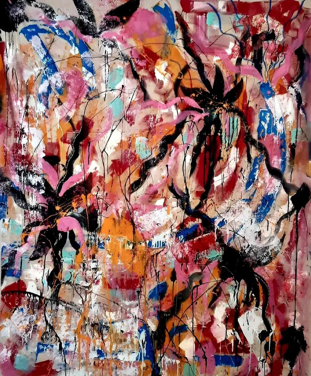 Abstract expressionist painting with splashes of pink, red, orange, blue, white, and black colors, with chaotic black and pink lines.