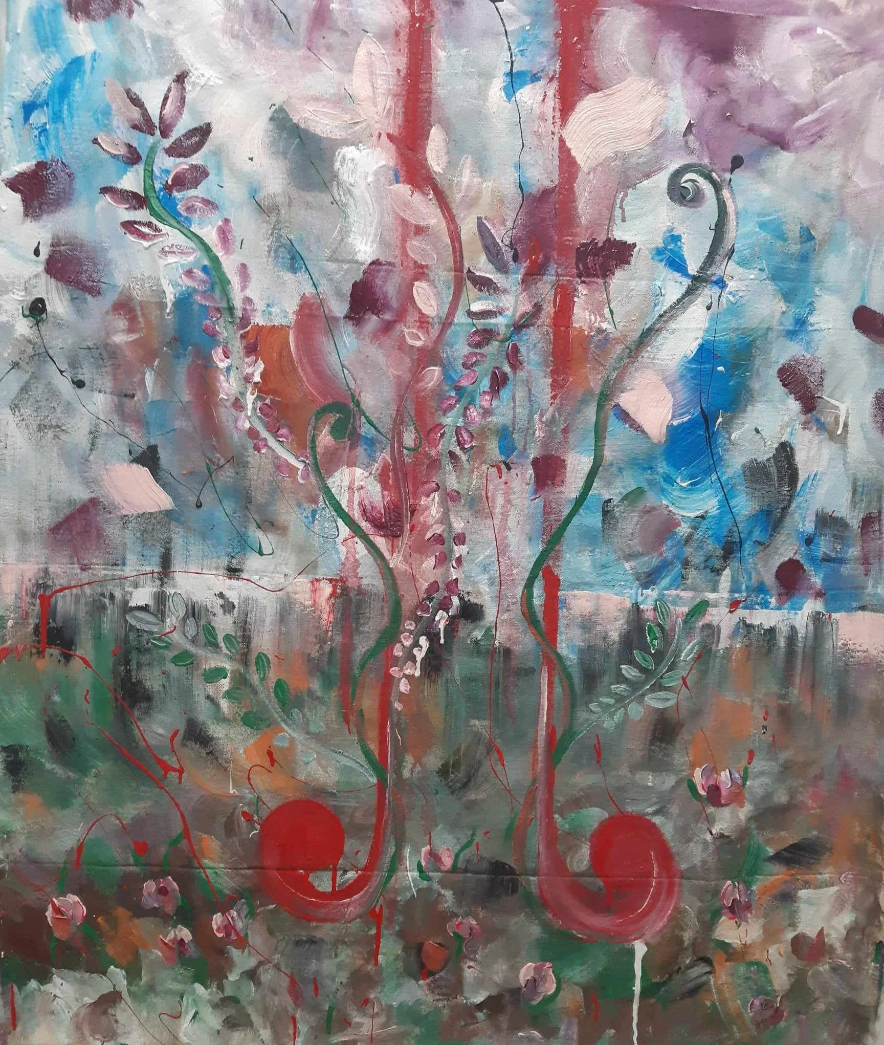 Abstract acrylic painting with swirling red lines, green stems, pink, purple, and red flower-like shapes, and background splashes of gray, blue, purple, and white.