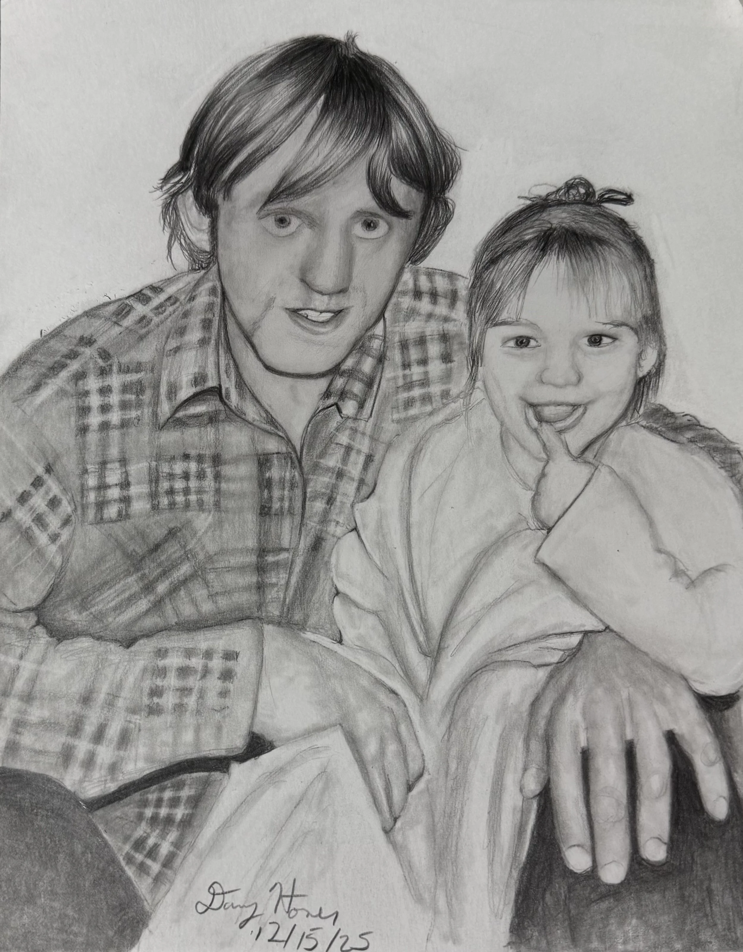 A black-and-white sketch of a man with medium-length hair and a girl with a hair clip, both smiling. The man is wearing a checkered shirt and the girl has her tongue out.