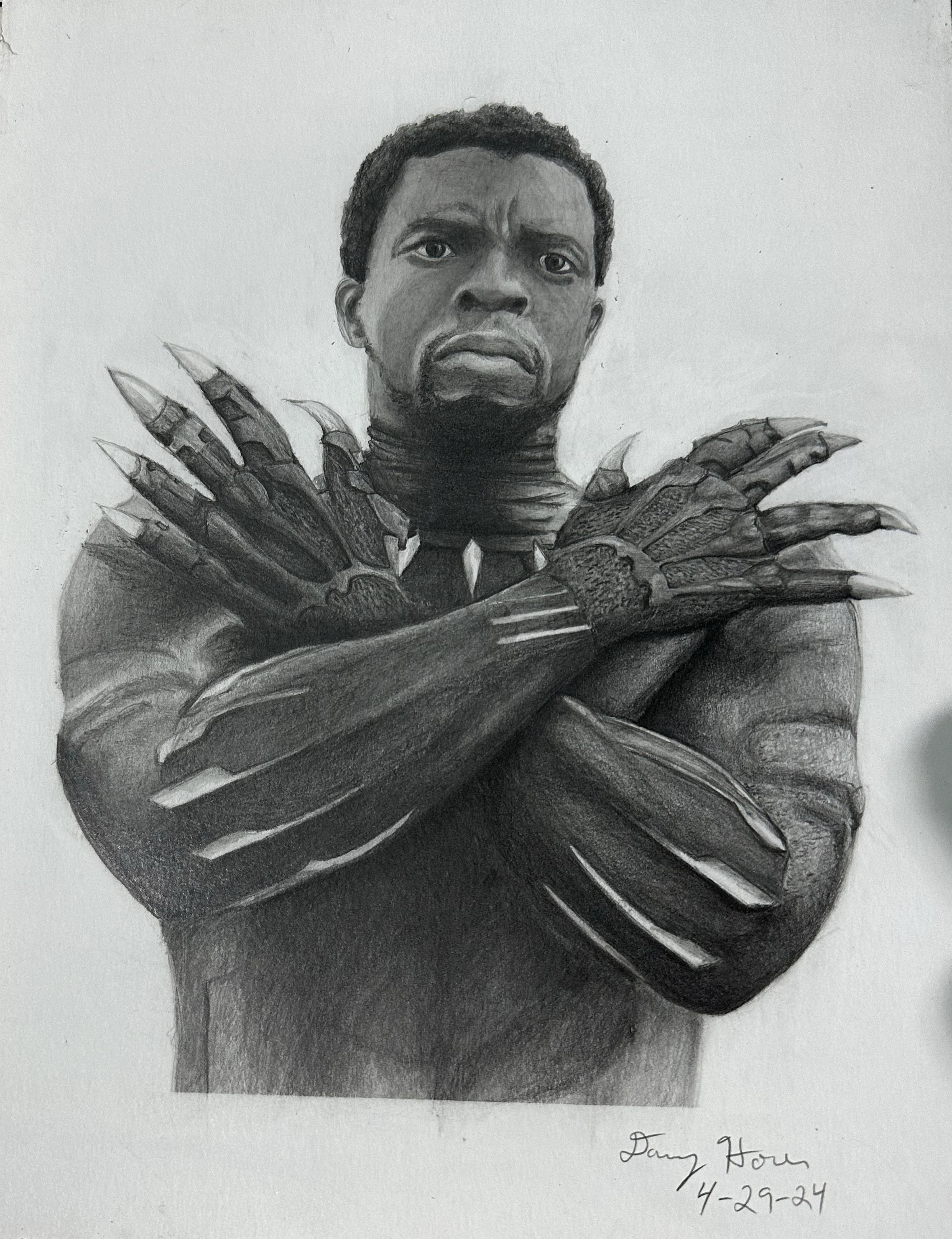 A detailed black and white pencil drawing of a woman with short hair, wearing armor with clawed gloves, and a serious expression on her face. Signed with the name and date at the bottom right.