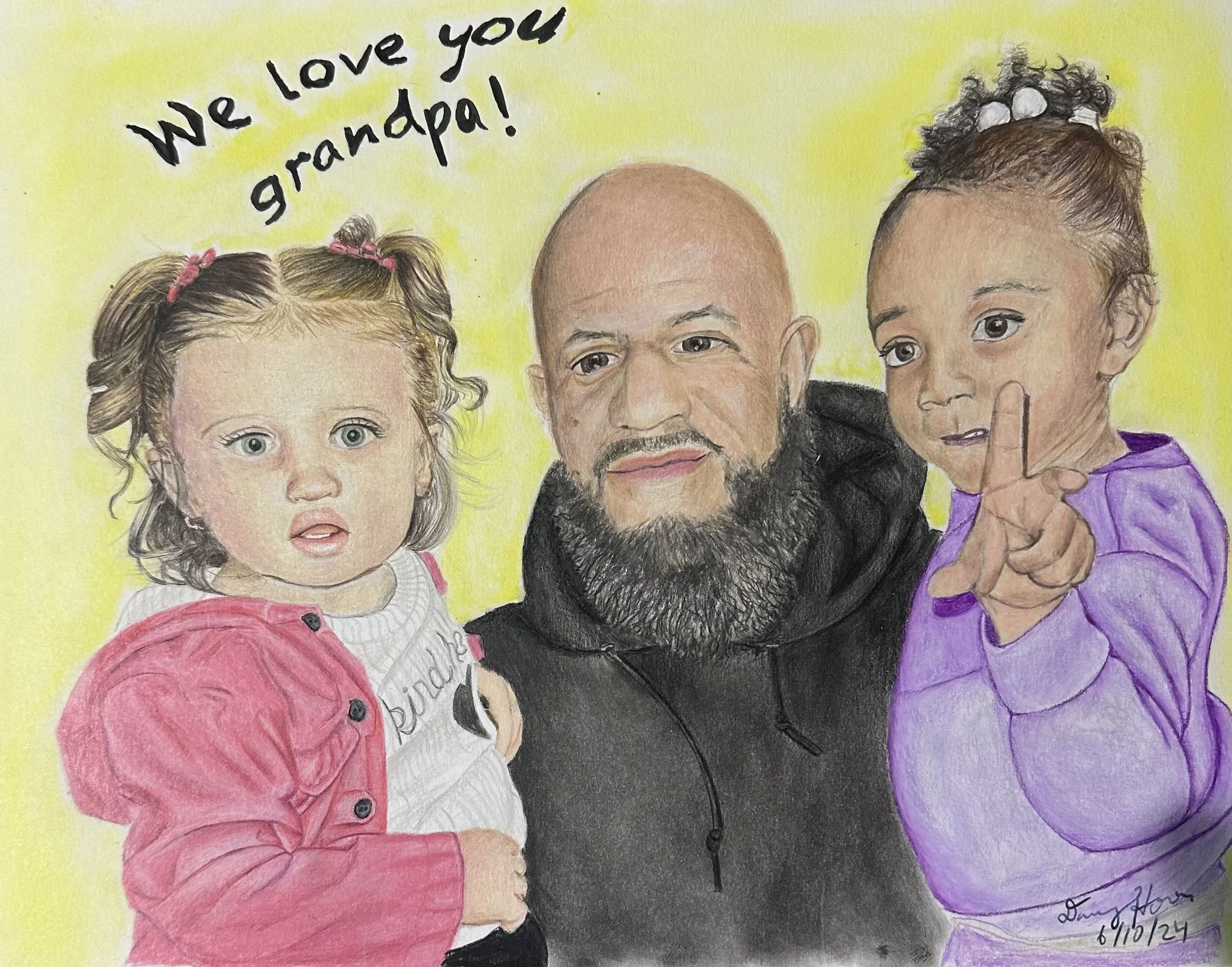 A colored drawing of two young girls and a man. The girl on the left has curly brown hair with pink clips, and is wearing a red jacket and white shirt. The girl on the right has curly dark hair with white bows, and is wearing a purple jacket. The man