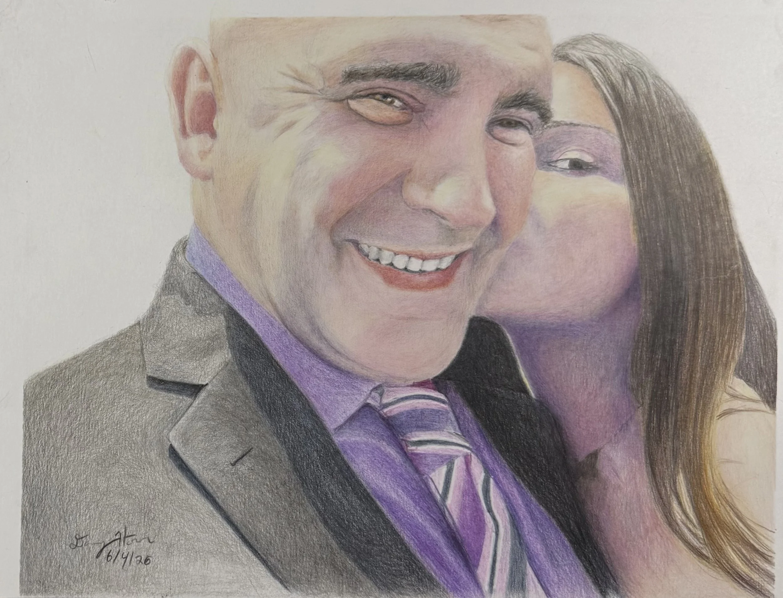 Colorful portrait of a man smiling, wearing a suit with a purple shirt and a striped tie, with long hair on one side, painted with colored pencils.