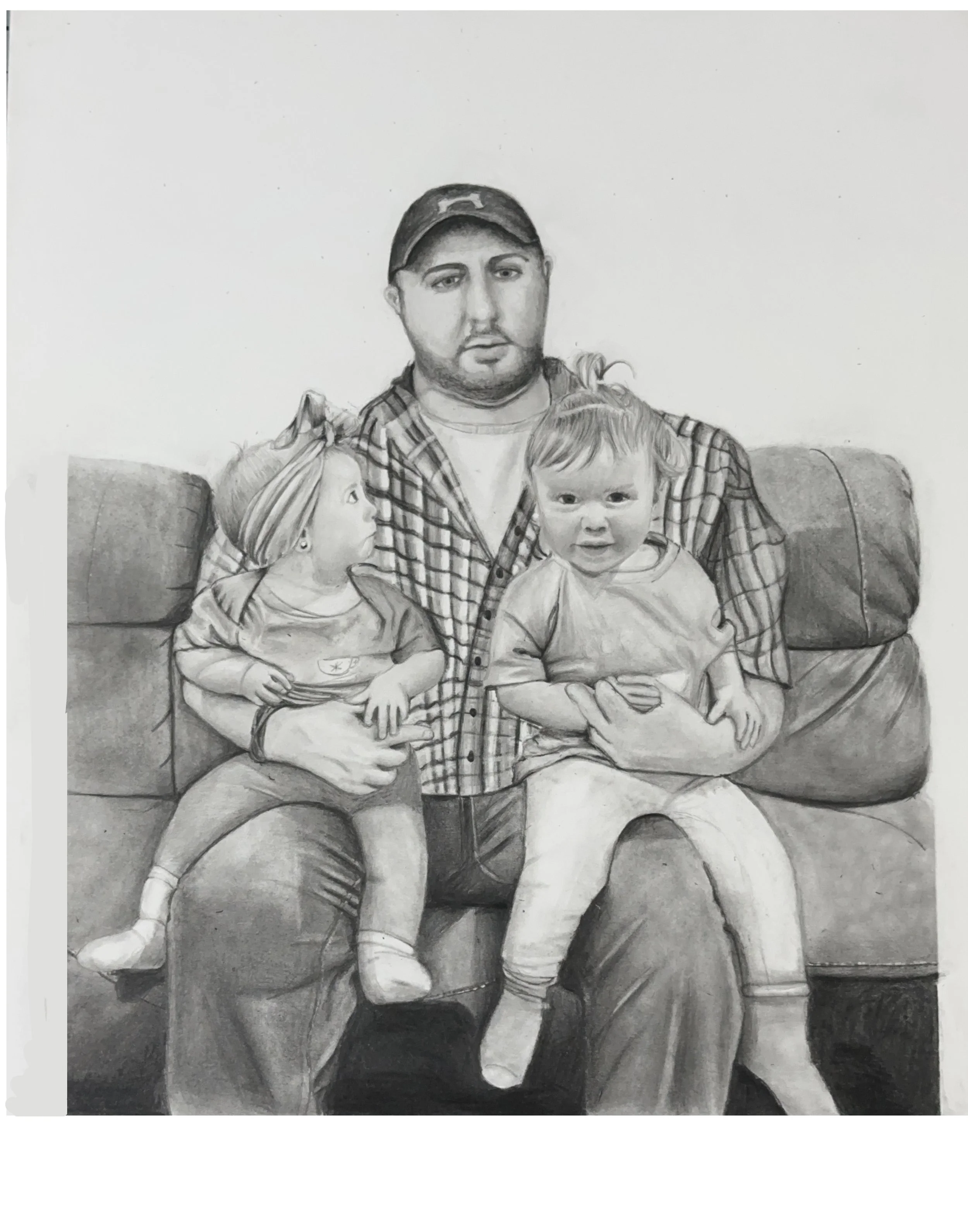 A detailed pencil drawing of a man with a beard wearing a cap, sitting on a sofa, holding two young children on his lap; one girl looking at him and one boy smiling at the camera.