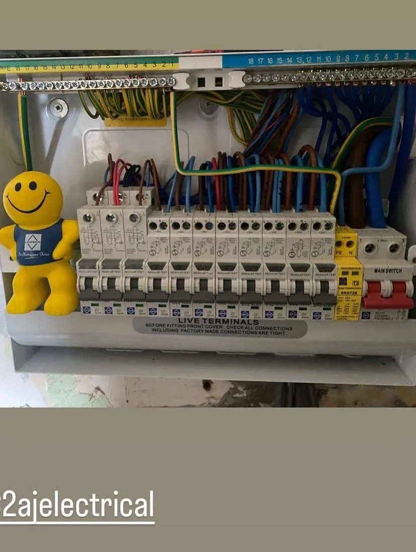 Close-up of an electrical circuit breaker panel with multiple wires connected to circuit breakers, featuring a yellow smiley face figure on the left side.