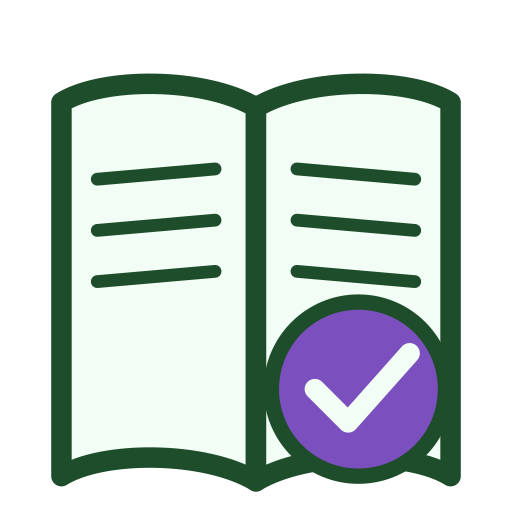 Cannaccounts' Open book with a large purple checkmark badge overlay.