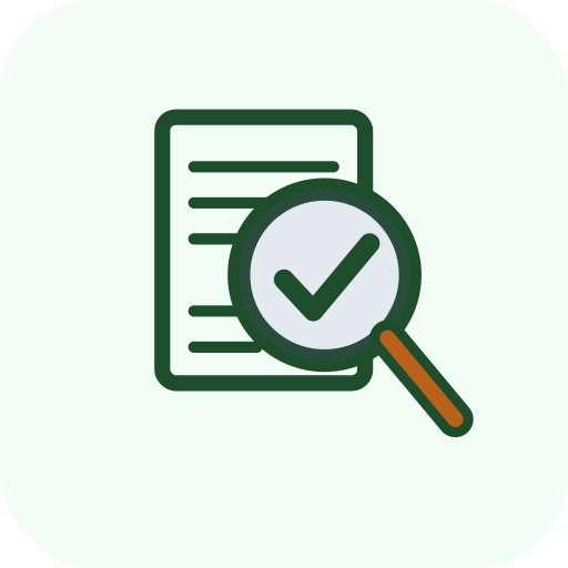 Cannaccounts' Icon of a document with a magnifying glass and a check mark