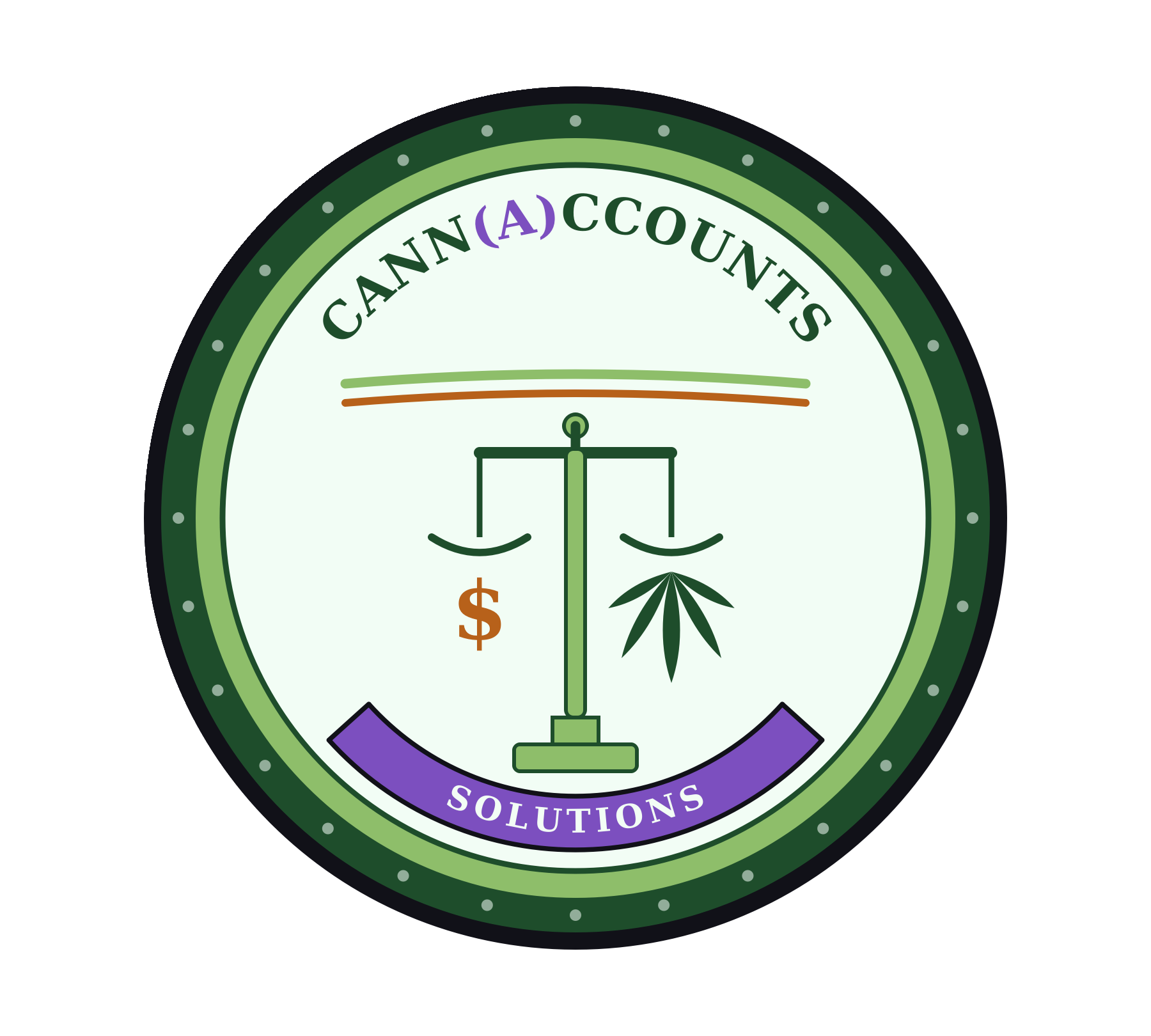 A circular logo with green and purple accents, featuring a balanced scale with a cannabis leaf on one side and a dollar sign on the other, and the text 'CANN(AC)OUNTS SOLUTIONS' surrounding it.