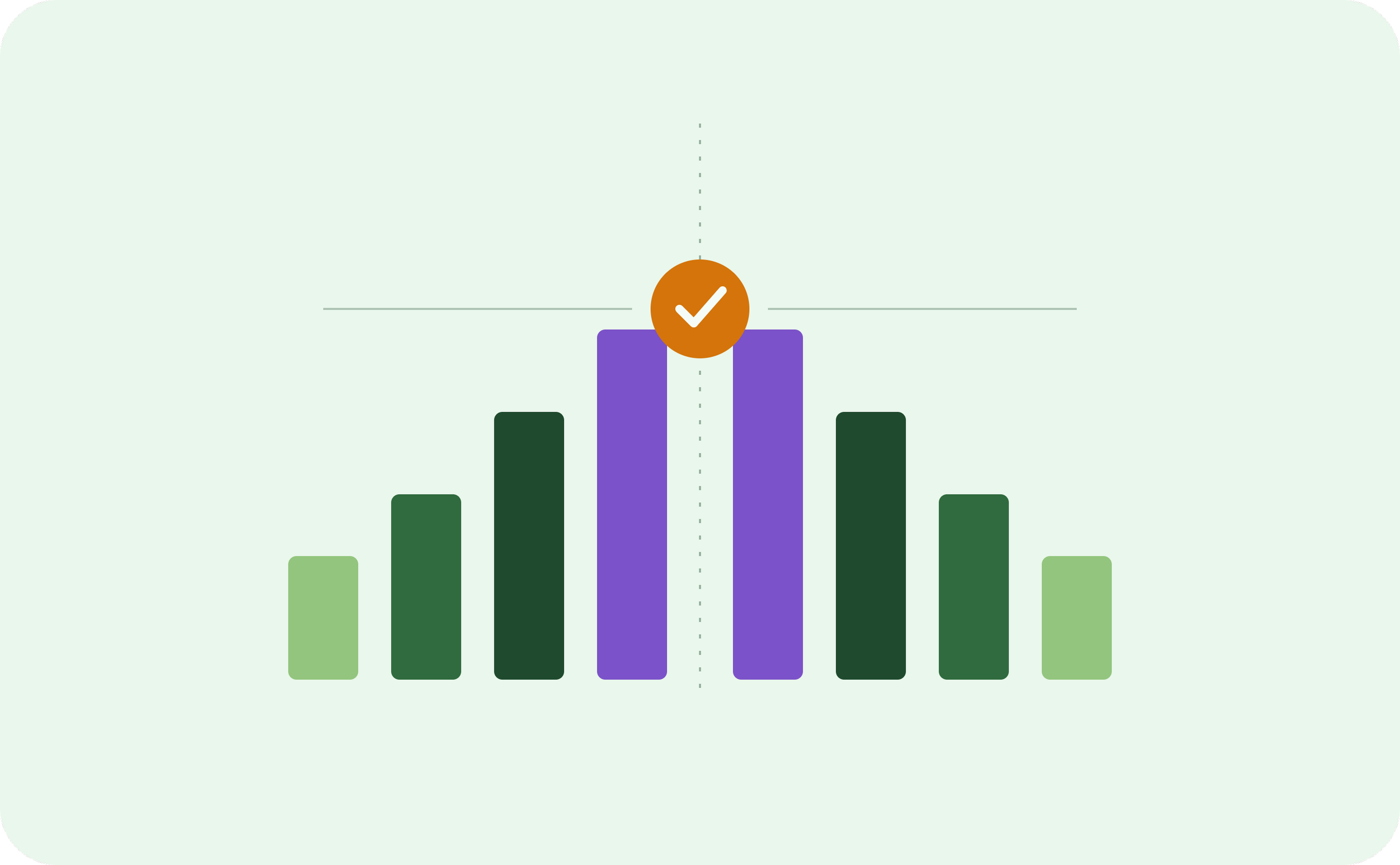 Bar graph with purple and green bars and a check mark in an orange circle above the center.