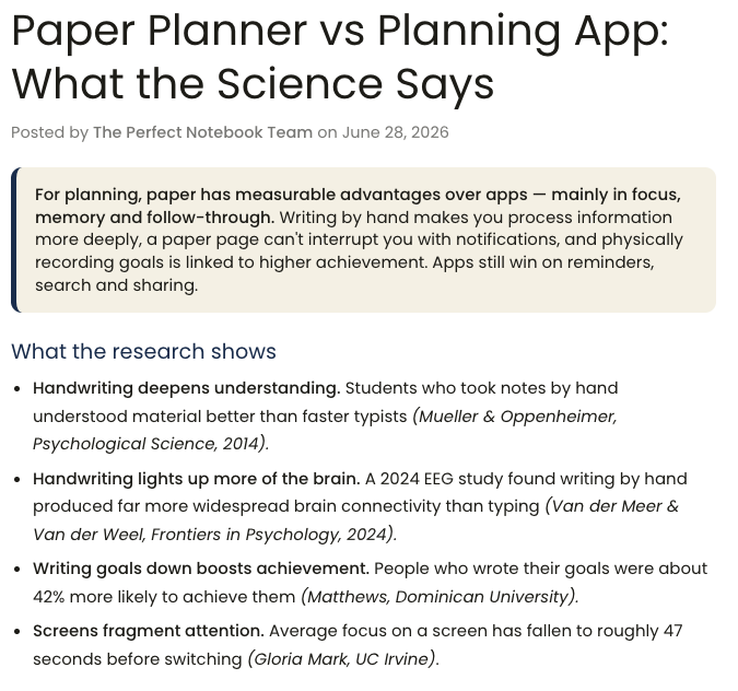 Screenshot of an article titled 'Paper Planner vs Planning App: What the Science Says' discussing the advantages of paper planners over apps for focus, memory, and follow-through, with research citations on handwriting, brain activity, goal achievement, and attention span.