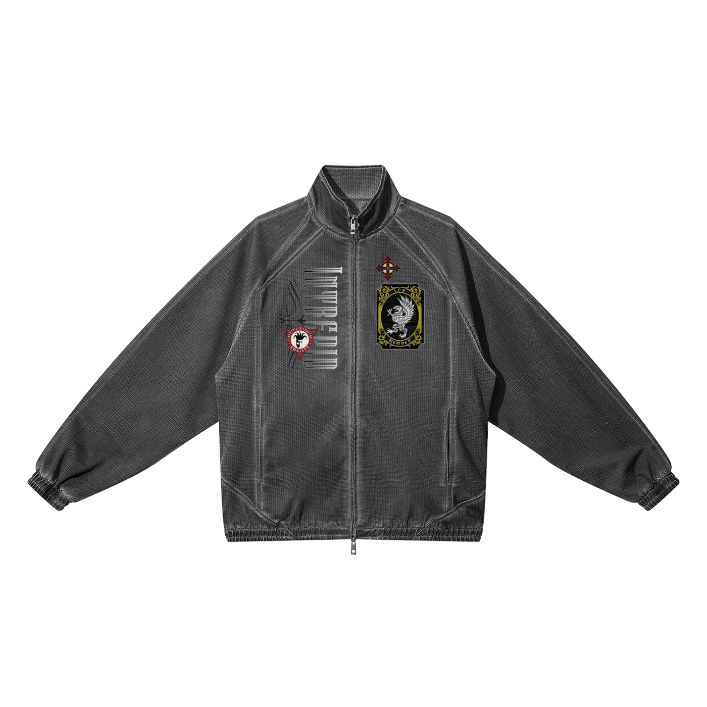 Unisex Vintage Wash Full Zip Mesh Jacket • INTREPID and Griffin Patch Graphics Front • I.D.S. Patch Graphics Back