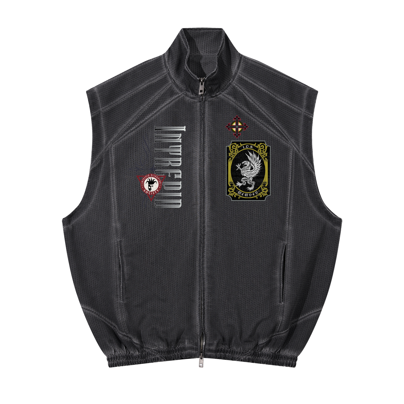 Unisex Vintage Wash Mesh Full-Zip Vest • INTREPID and I.D.S. Patch Graphics Front • Club Patch Graphics Back