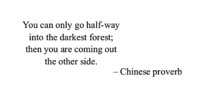 Quote from a Chinese proverb about going halfway into the darkest forest and coming out the other side.