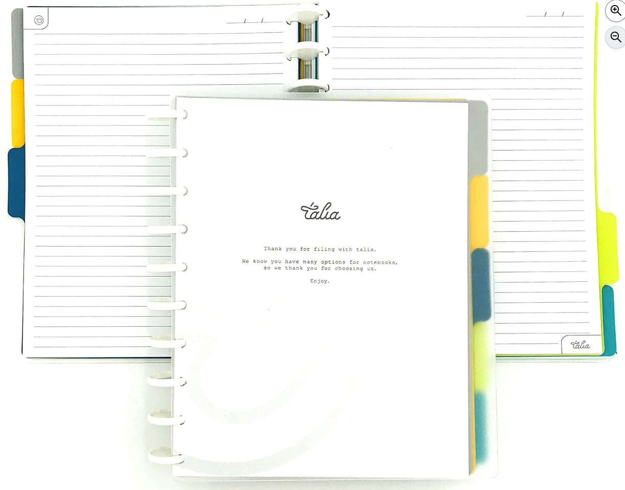 Open planner or notebook with colorful tabbed pages, showing a page with the name 'Talia' and a thank you message inside.