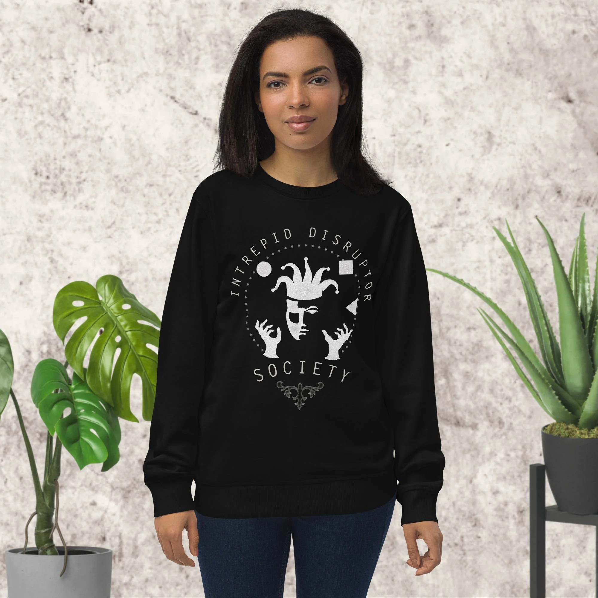 Unisex Organic Sweatshirt • White I.D.S. Logo Front • Small Label Logo Upper Back
